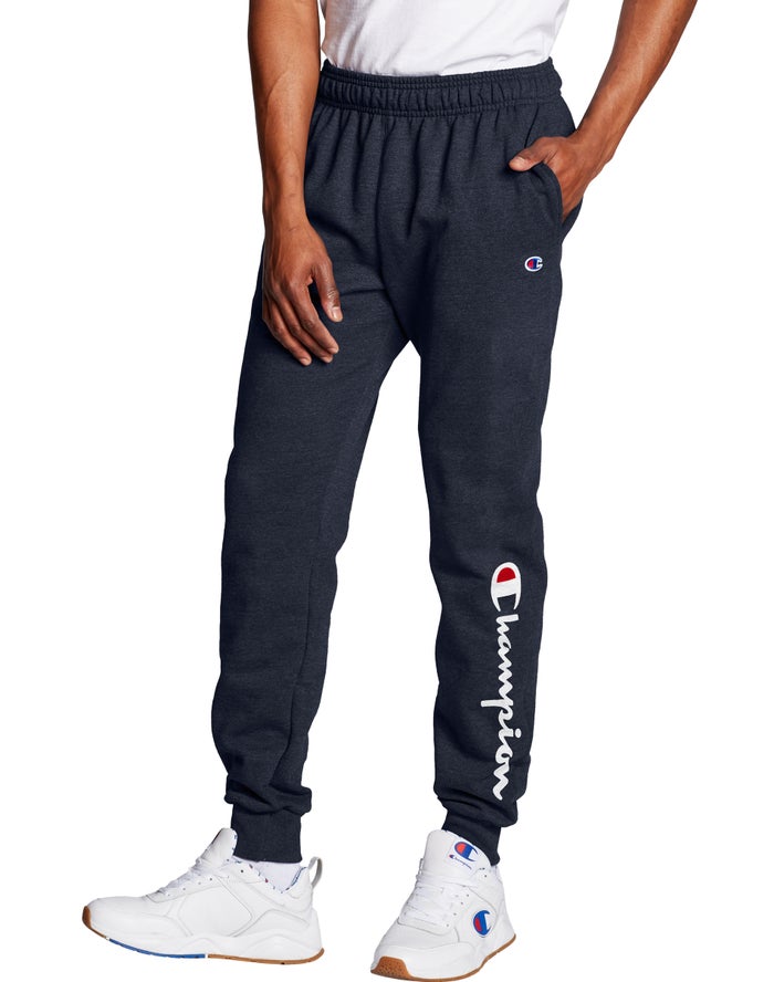 Champion Mens Joggers NZ - Powerblend Fleece Script Logo Navy ( 4075-RYMDP )